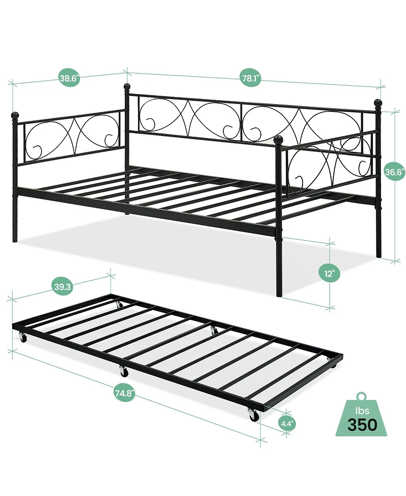 Homfan Metal Daybed with Trundle, Convertible Sofa Bed Frame Pull-Out Guest Bed, Steel Slat Support, No Box Spring Needed