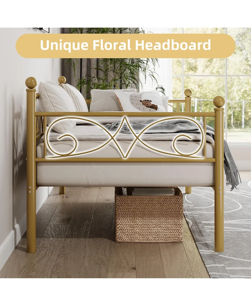 Homfan Metal Daybed Frame with Curved Flower Design, Metal Slat Support, Underbed Storage, No Box Spring Needed