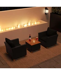 3PCS Outdoor Patio Rattan Furniture Set Wooden Table Cushioned Sofa