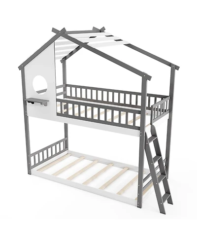 Slickblue Kids House Bunk Bed Twin Over Twin with Roof and Safety Rails