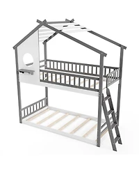Slickblue Kids House Bunk Bed Twin Over Twin with Roof and Safety Rails