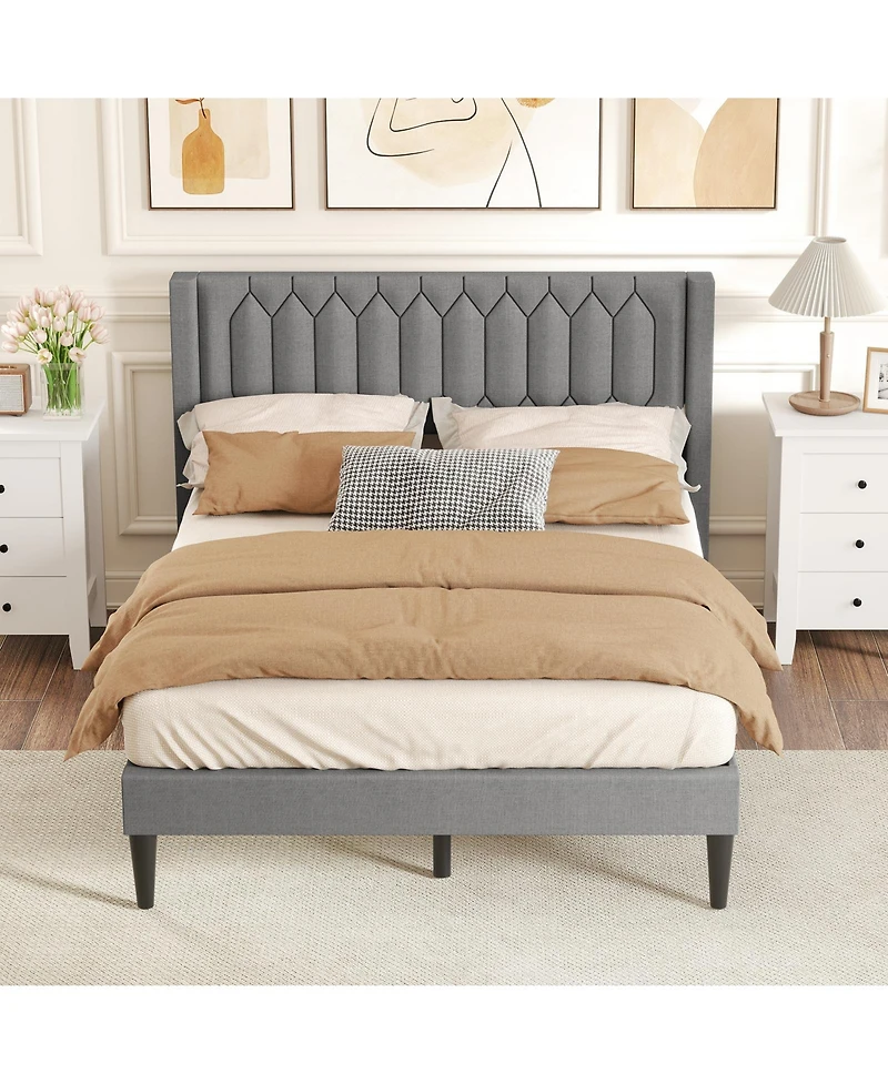 Slickblue Modern Upholstered Bed Frame with Wingback Headboard and Wooden Slats Support System