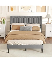 Slickblue Modern Upholstered Bed Frame with Wingback Headboard and Wooden Slats Support System