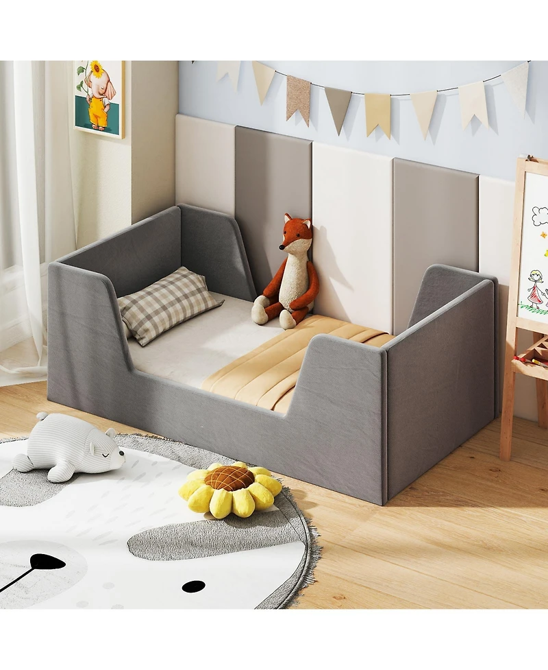 Slickblue Toddler Bed Frame Velvet Upholstered with Safety Rails