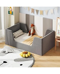 Slickblue Toddler Bed Frame Velvet Upholstered with Safety Rails