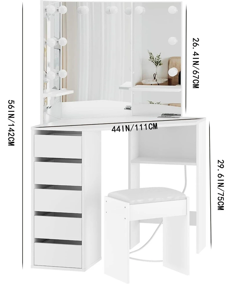 Homfan Corner Makeup Vanity Desk with Mirror and Lights, Charging Station, 5 Drawers, 2 Shelves, Adjustable Brightness, Space Saving, 3 Mirrors