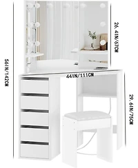 Homfan Corner Makeup Vanity Desk with Mirror and Lights, Charging Station, 5 Drawers, 2 Shelves, Adjustable Brightness, Space Saving, 3 Mirrors