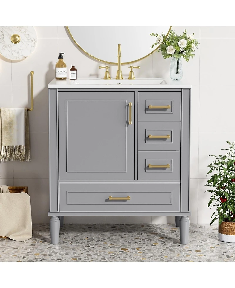Sillysis Bathroom Vanity with Ceramic Sink, Solid Wood Frame, 3 Drawers and Soft Close Door, Modern Storage Cabinet