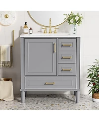 Sillysis Bathroom Vanity with Ceramic Sink, Solid Wood Frame, 3 Drawers and Soft Close Door, Modern Storage Cabinet