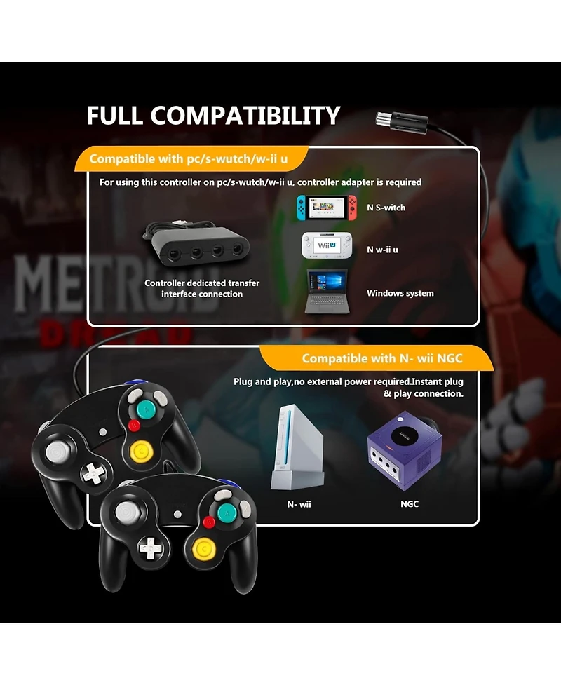 ECHTPeak Ngc Gc Controller Classic Wired Gamepad Joystick for Gamecube Wii Game Console (2 Pack)