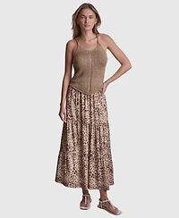 Dkny Jeans Women's Printed Elastic Waist Tiered Satin Skirt