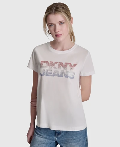 Dkny Jeans Women's Stacked Ombre Mini Rhinestone Logo Crewneck T-Shirt