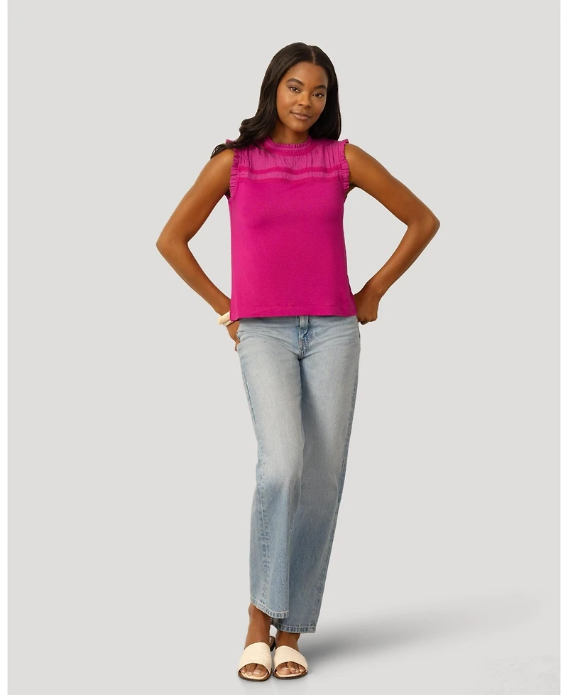 Cable & Gauge Women's Mixed Media Ruffle Sleeve Top