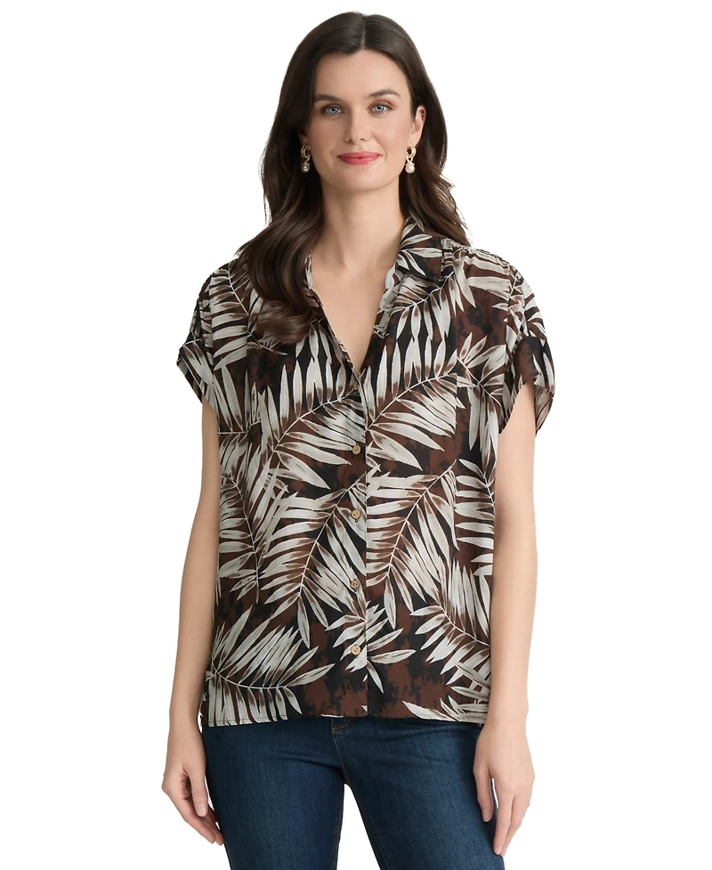 Jones New York Petite Palm Print Collared Neck Shirt