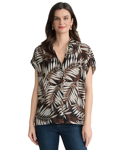 Jones New York Petite Palm Print Collared Neck Shirt