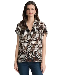 Jones New York Petite Palm Print Collared Neck Shirt