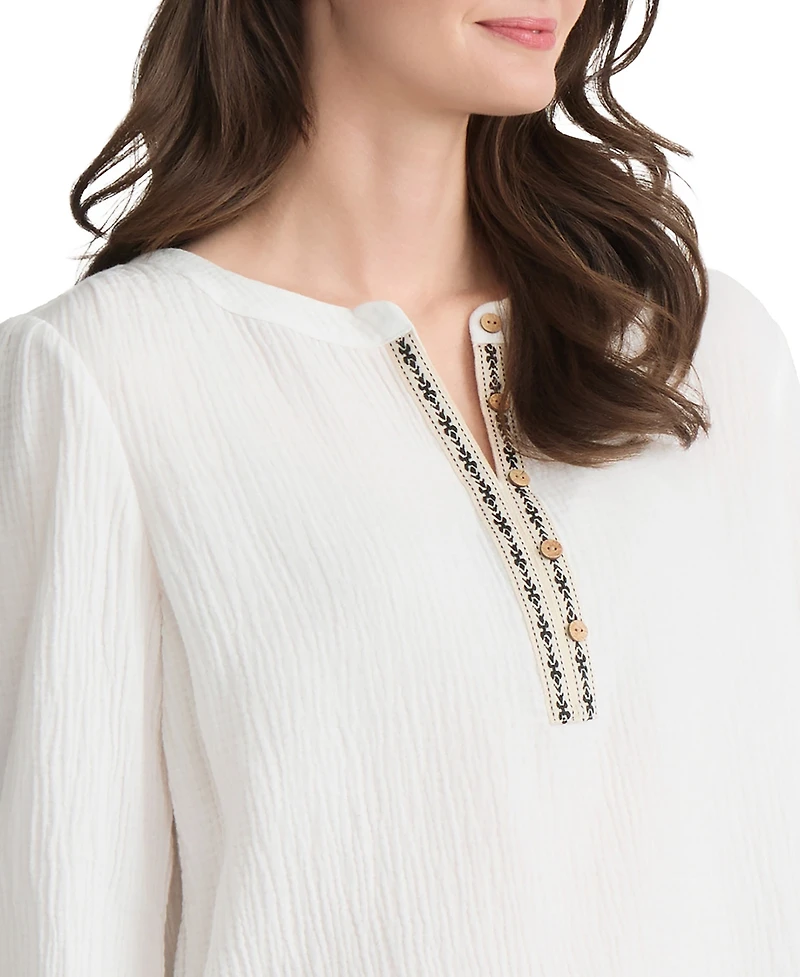Jones New York Petite V-Neck Embroidered Placket Popover Top