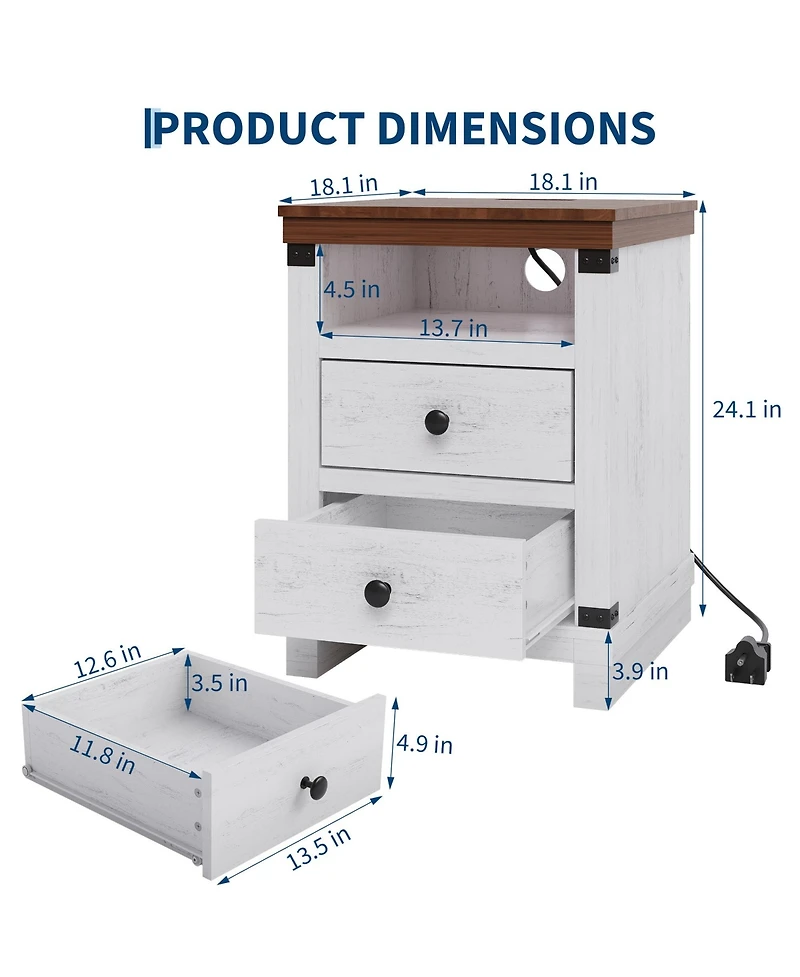 homfan Farmhouse Nightstand with Charging Station, Rustic Bedside Table 2 Drawers and Open Shelf, Usb Ports Ac Outlets for Bedroom