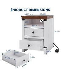 homfan Farmhouse Nightstand with Charging Station, Rustic Bedside Table 2 Drawers and Open Shelf, Usb Ports Ac Outlets for Bedroom