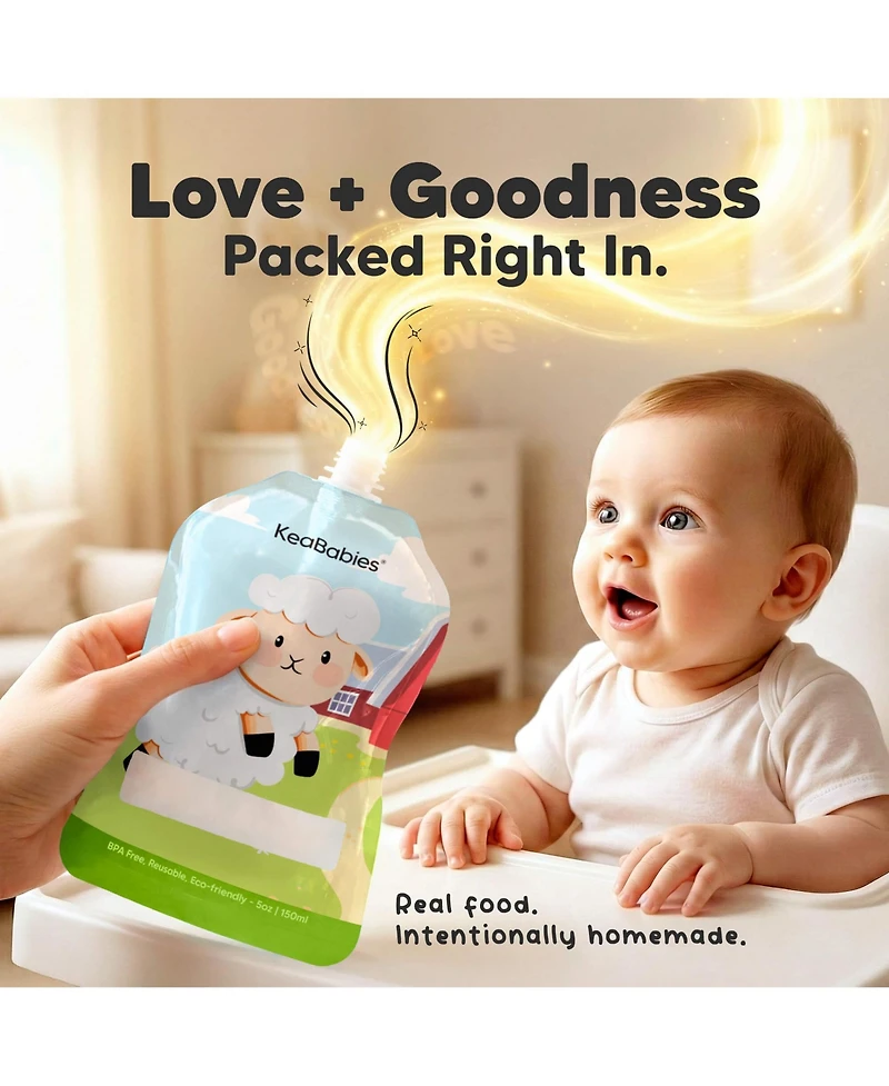 KeaBabies 12-Pack Prep Baby Food Pouch Reusable for Apple Sauce, Breastmilk, 5oz Puree Pouches Toddlers, Kids, First