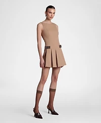 Avec Les Filles Women's Sretch Cotton Boat Neck Pleated Mini Dress