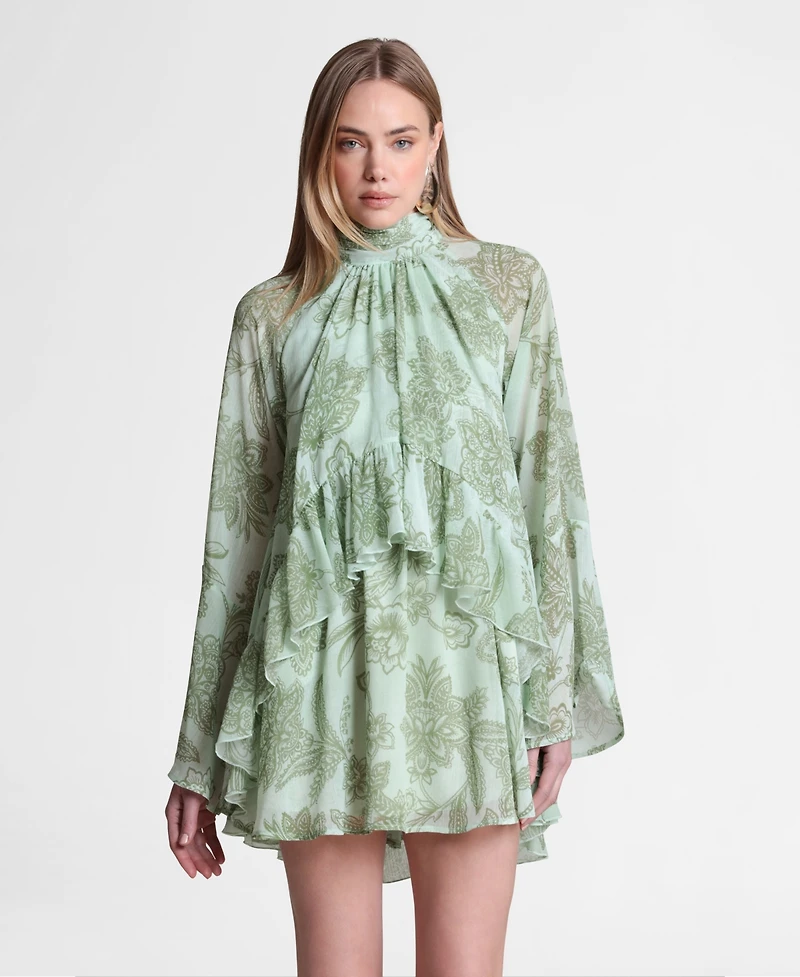 Avec Les Filles Women's Mock Neck Tiered Ruffle Mini Dress