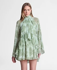 Avec Les Filles Women's Mock Neck Tiered Ruffle Mini Dress