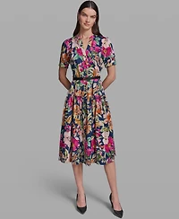 Karl Lagerfeld Paris Women's Floral Printed V-Neck Belt Dress