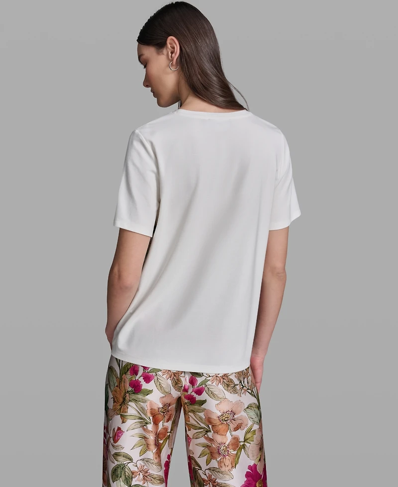 Karl Lagerfeld Paris Women's Short-Sleeve Mixed Media Print Knit Top