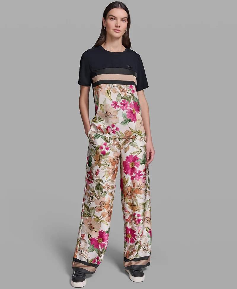 Karl Lagerfeld Paris Women's Short-Sleeve Mixed Media Print Knit Top