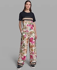 Karl Lagerfeld Paris Women's Short-Sleeve Mixed Media Print Knit Top