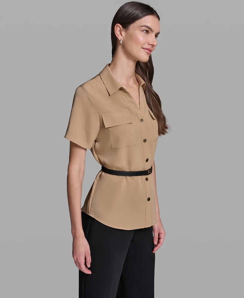 Karl Lagerfeld Paris Women's Short-Sleeve Belted Woven Top
