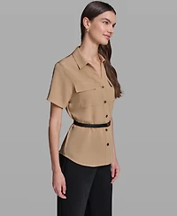 Karl Lagerfeld Paris Women's Short-Sleeve Belted Woven Top