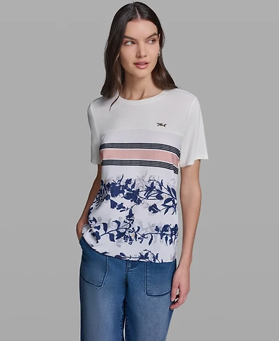 Karl Lagerfeld Paris Women's Short-Sleeve Mix-Media Printed Knit Top