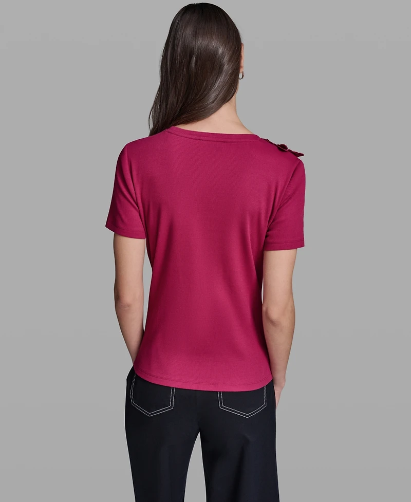 Karl Lagerfeld Paris Women's Floral Applique Short-Sleeve Rib Knit Top