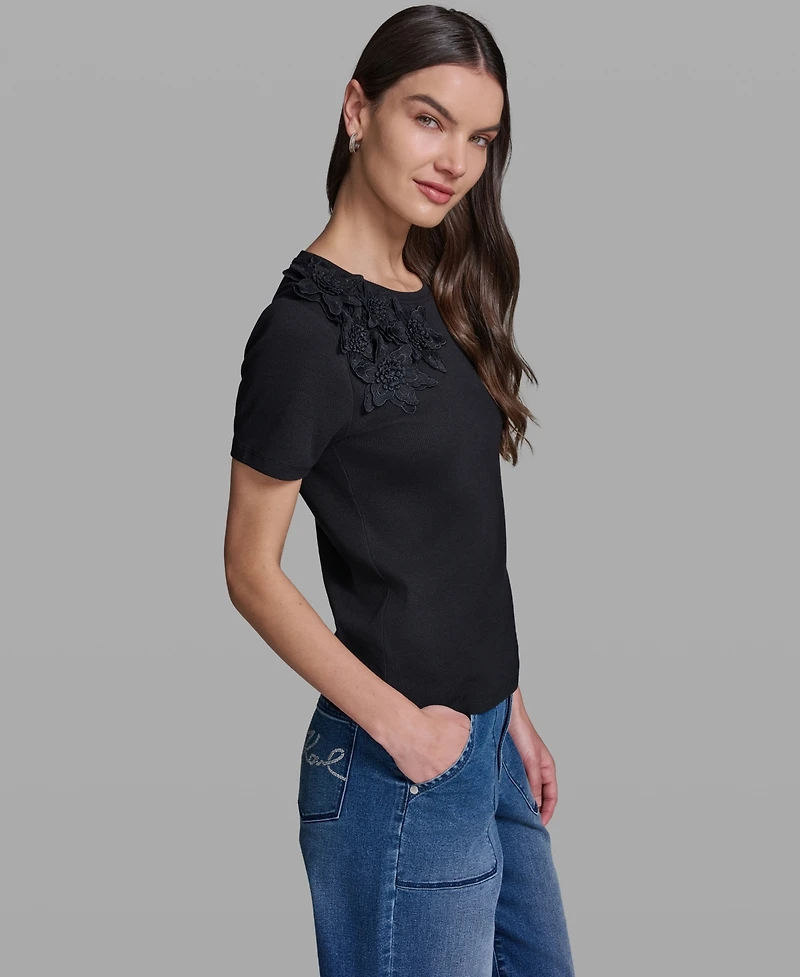 Karl Lagerfeld Paris Women's Floral Applique Short-Sleeve Rib Knit Top