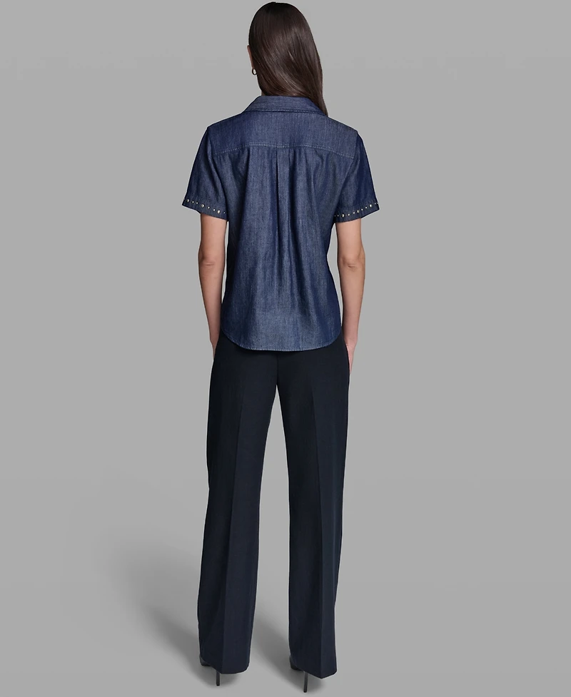 Karl Lagerfeld Paris Women's Short-Sleeve Nailhead Trim Camp Shirt