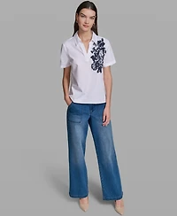 Karl Lagerfeld Paris Women's Poplin Floral Embroidered Collared Top