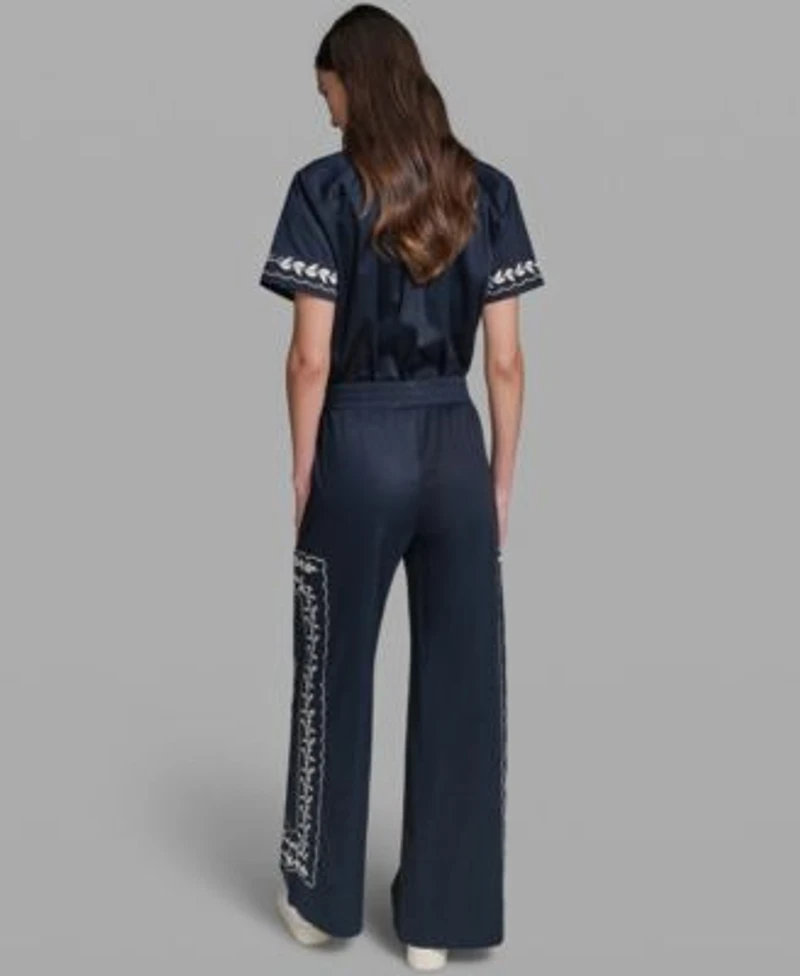 Karl Lagerfeld Paris Womens Short Sleeve Embroidery Shirt Mid Rise Embroidery Pants