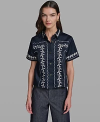 Karl Lagerfeld Paris Women's Short-Sleeve Embroidery Shirt
