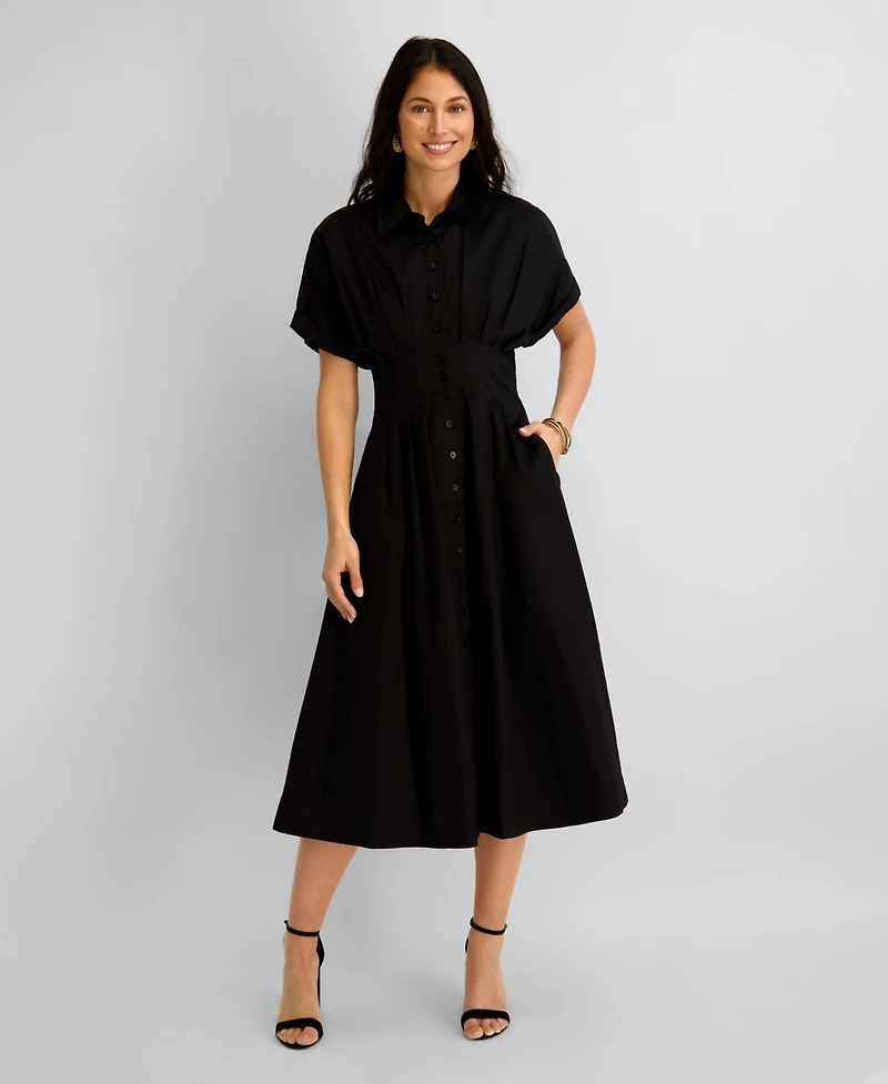 Kensie Women's Button-Front Cinched Waist Cotton Midi Shirt Dress