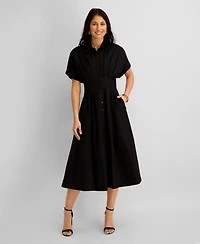 Kensie Women's Button-Front Cinched Waist Cotton Midi Shirt Dress