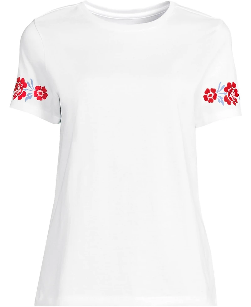 Lands' End Women's Short Sleeve Supima Cotton Embroidered Crew Neck T Shirt