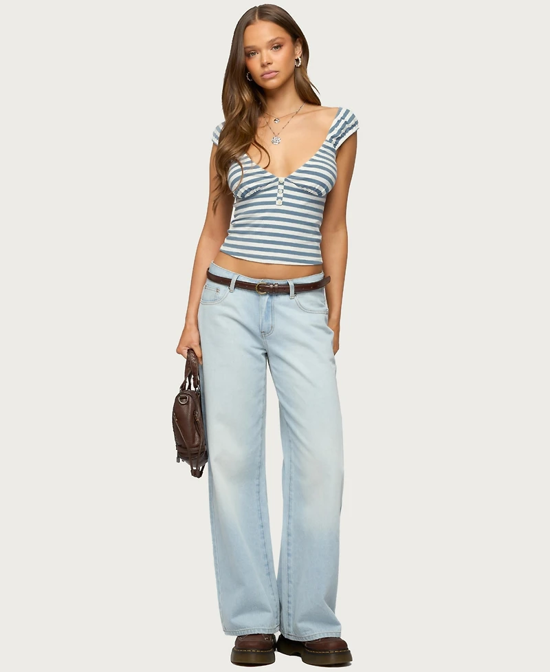 Edikted Women's Aina Striped V Neck Henley Top