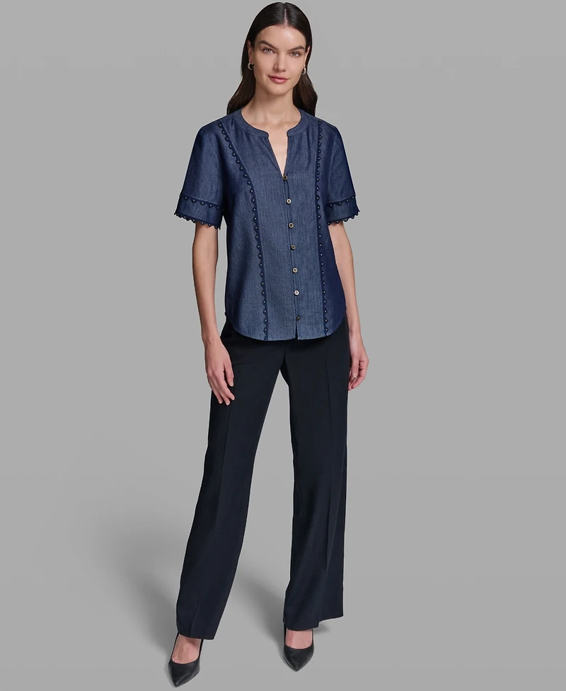 Karl Lagerfeld Paris Women's V-Neck Nailhead Trim Short-Sleeve Blouse