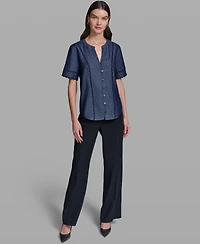 Karl Lagerfeld Paris Women's V-Neck Nailhead Trim Short-Sleeve Blouse