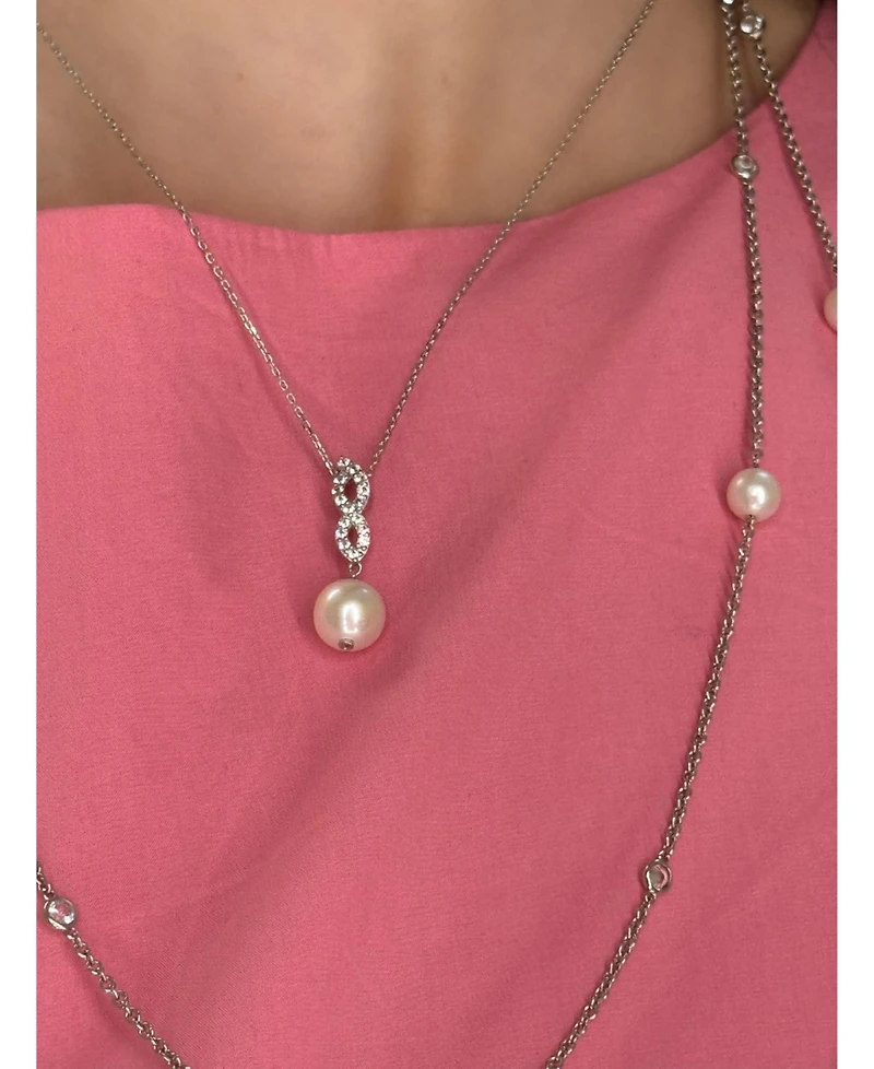 Suzy Levian Sterling Silver Pearl and White Sapphire Infinity Pendant