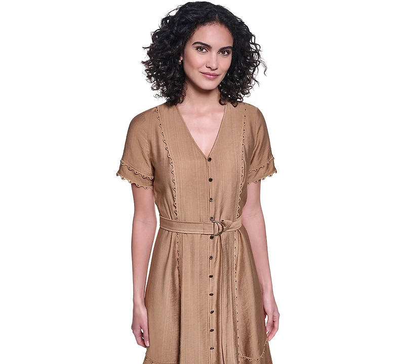 Karl Lagerfeld Paris Women's Belted Nailhead Trim V-Neck Dress