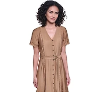 Karl Lagerfeld Paris Women's Belted Nailhead Trim V-Neck Dress