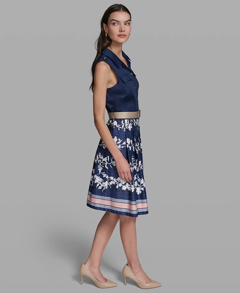 Karl Lagerfeld Paris Petite Collared Neck Belted Dress